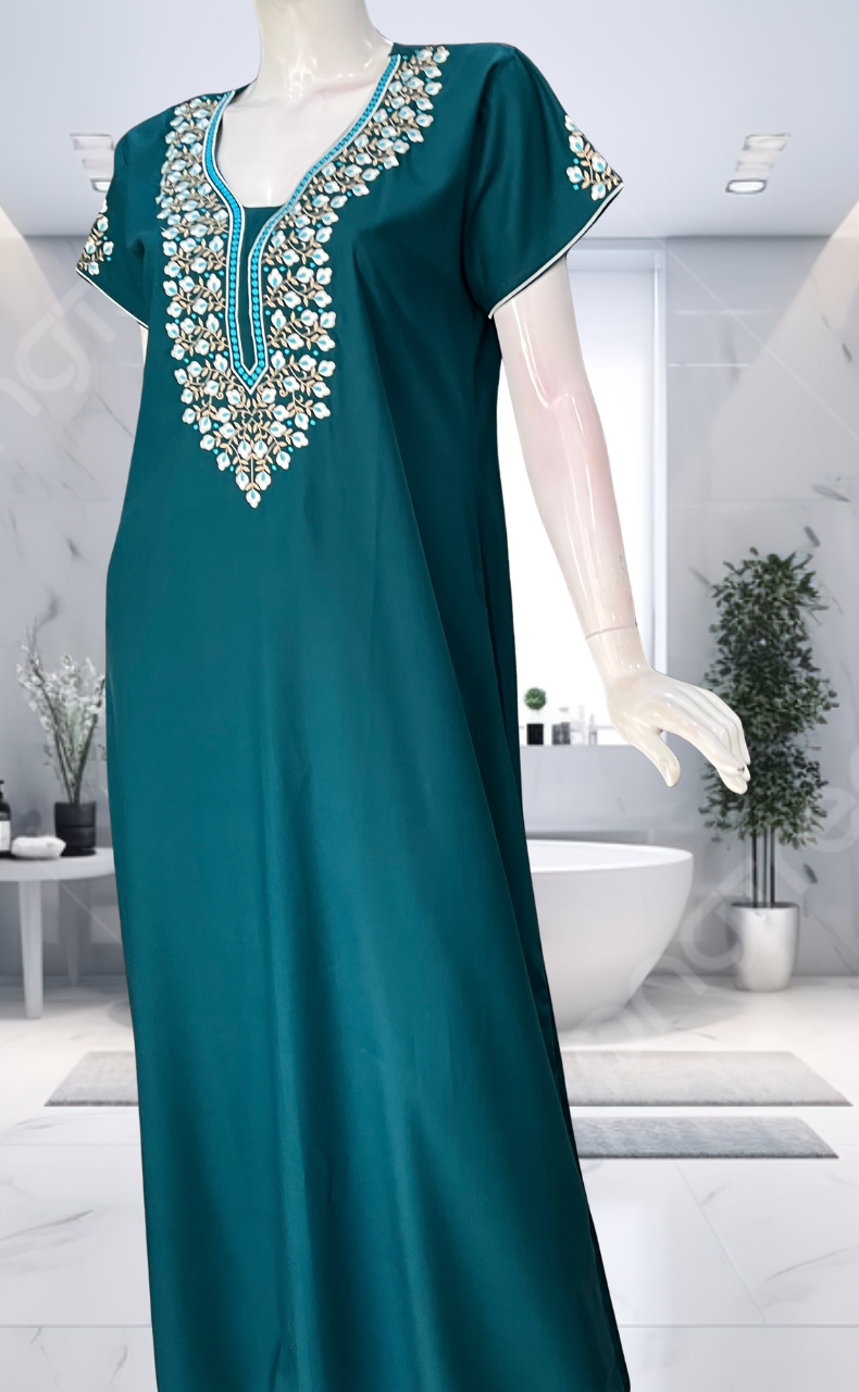 Teal Blue Embroidery Soft Cotton Nighty. Soft Breathable Fabric | Laces and Frills - Laces and Frills