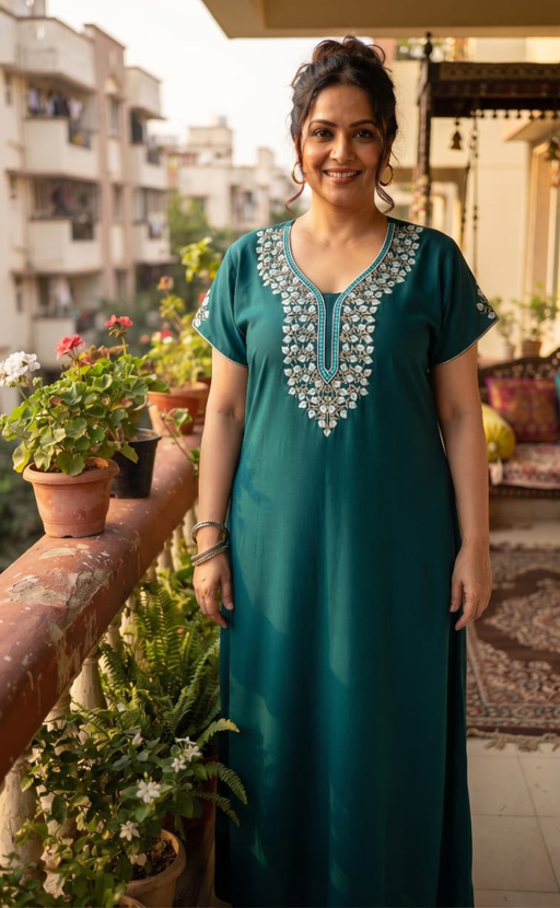 Teal Blue Embroidery Soft Cotton Nighty. Soft Breathable Fabric | Laces and Frills - Laces and Frills
