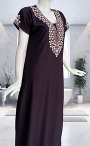 Dark Violet Embroidery Soft Cotton Nighty. Soft Breathable Fabric | Laces and Frills - Laces and Frills