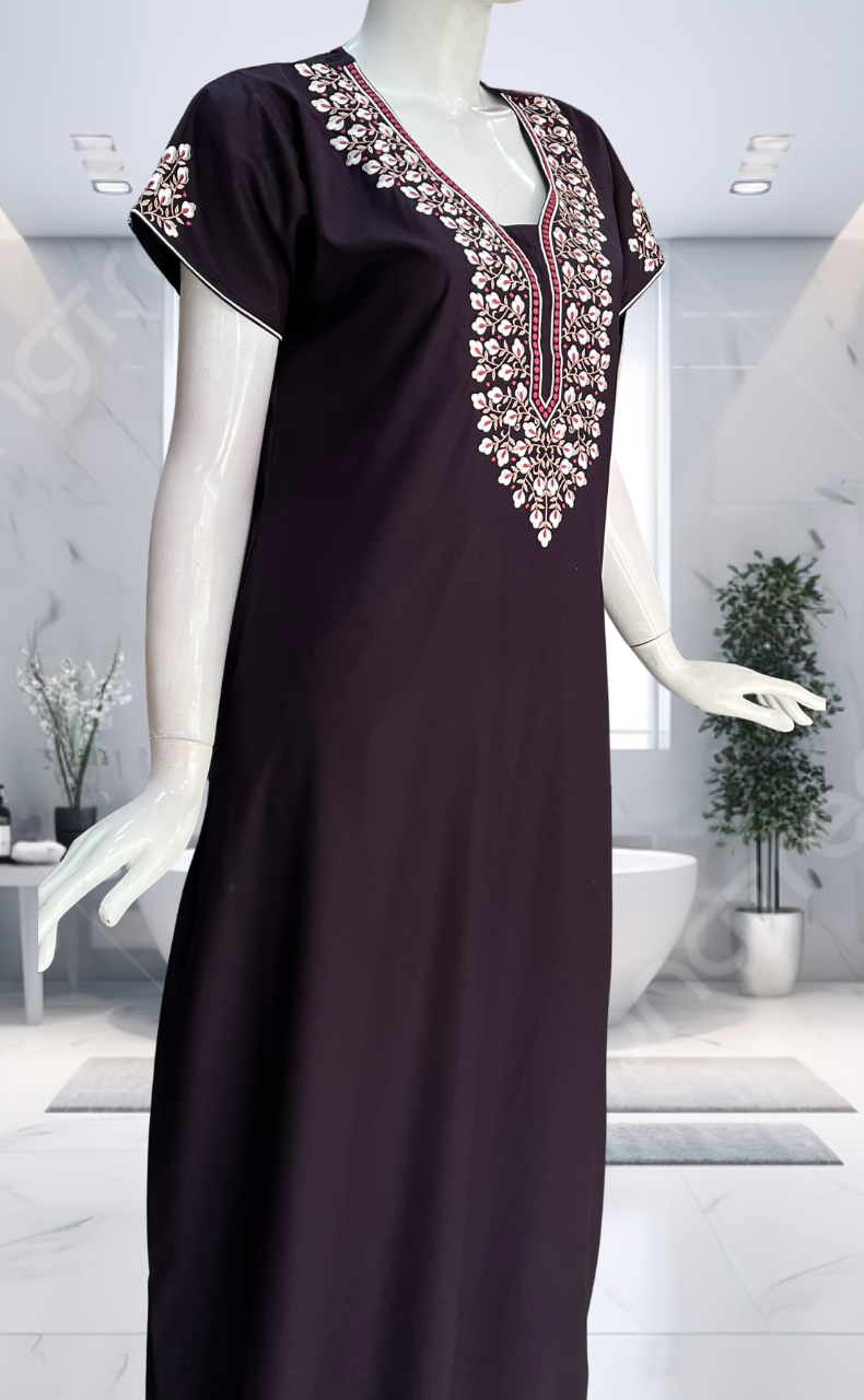 Dark Violet Embroidery Soft Cotton Nighty. Soft Breathable Fabric | Laces and Frills - Laces and Frills