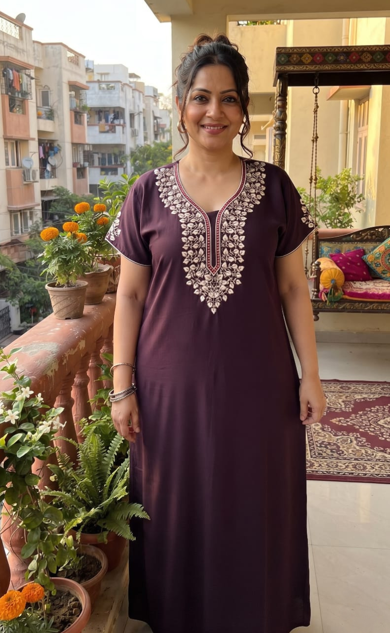 Dark Violet Embroidery Soft Cotton Nighty. Soft Breathable Fabric | Laces and Frills - Laces and Frills