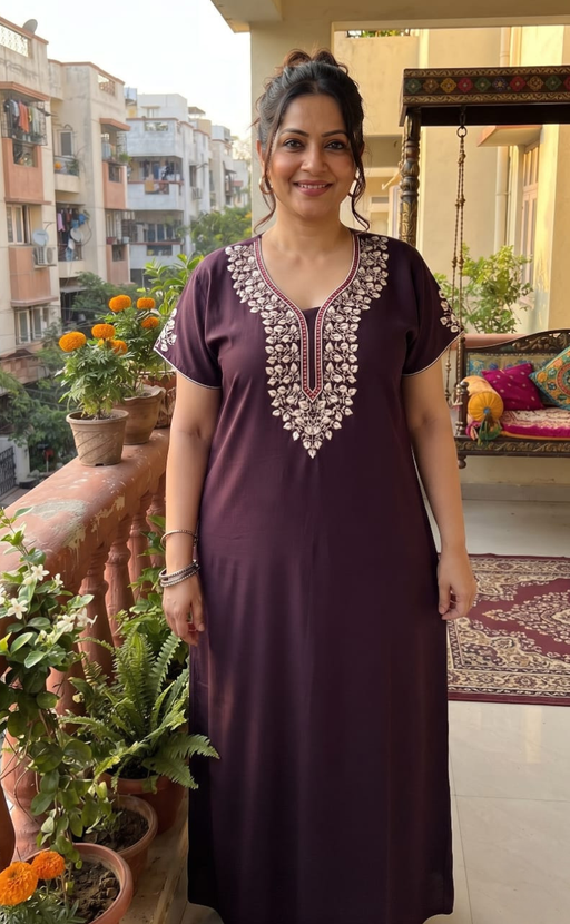 Dark Violet Embroidery Soft Cotton Nighty. Soft Breathable Fabric | Laces and Frills - Laces and Frills