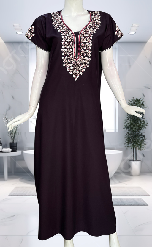 Dark Violet Embroidery Soft Cotton Nighty. Soft Breathable Fabric | Laces and Frills - Laces and Frills