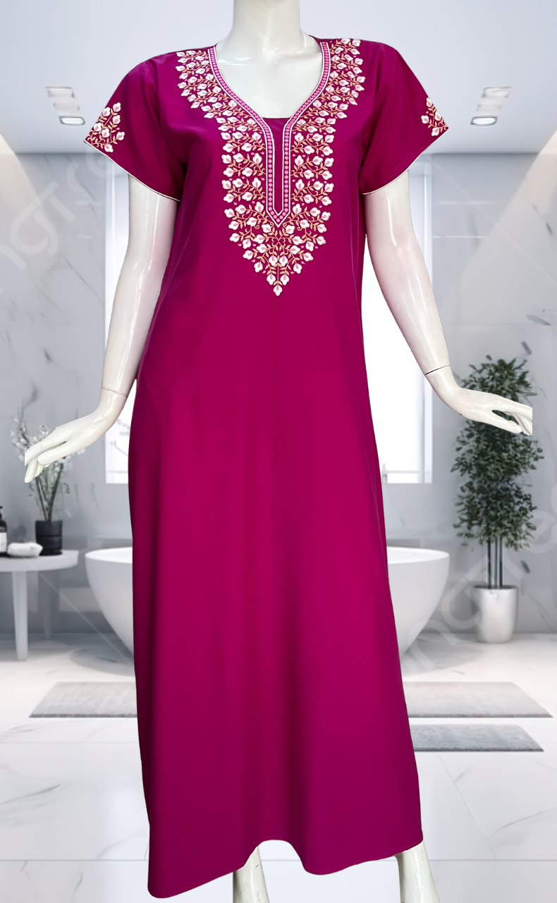 Pink Embroidery Soft Cotton Nighty. Soft Breathable Fabric | Laces and Frills