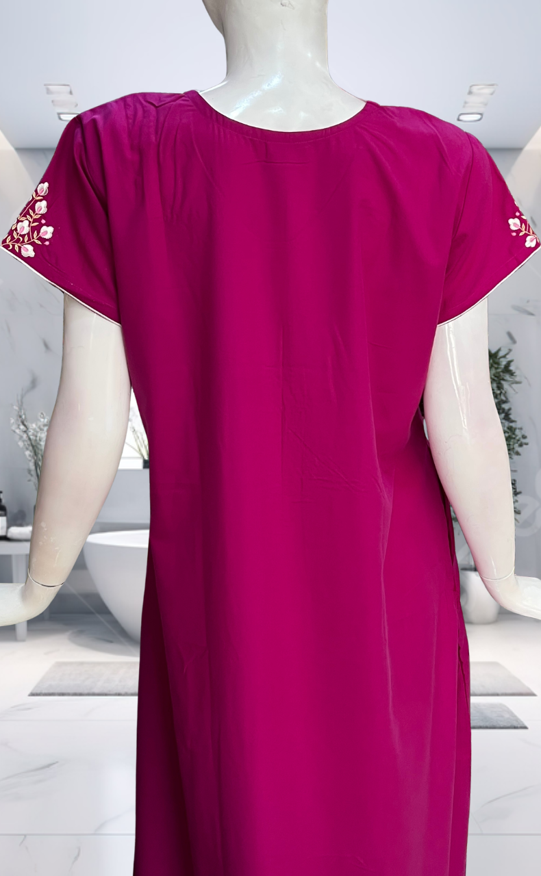 Pink Embroidery Soft Cotton Nighty. Soft Breathable Fabric | Laces and Frills