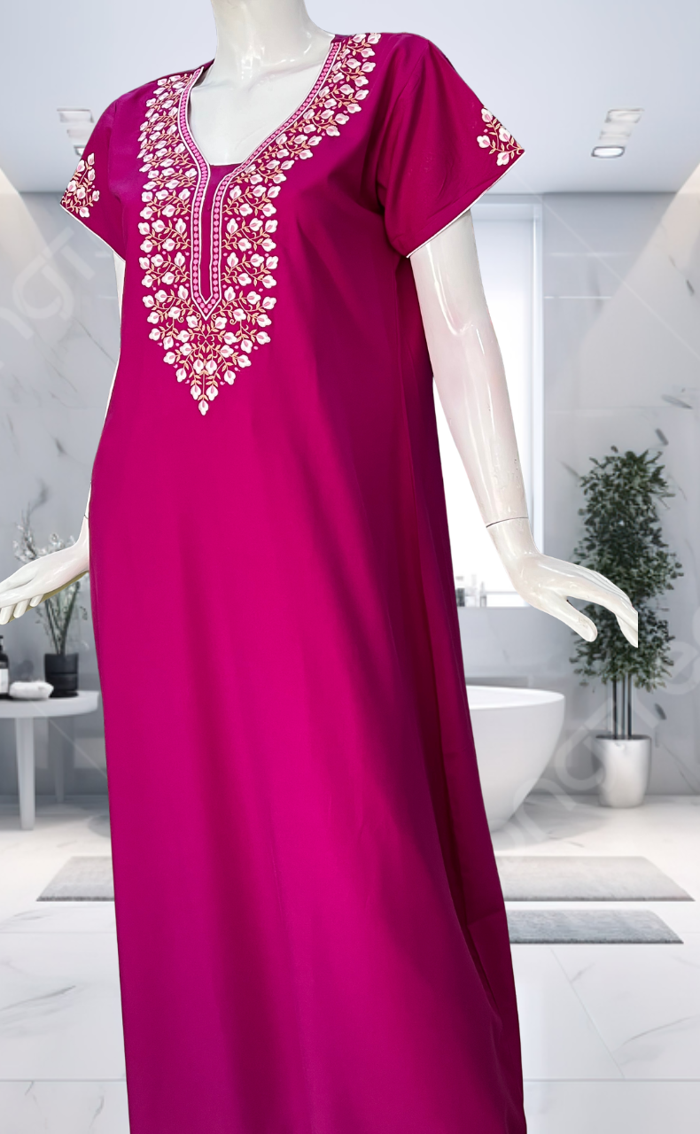 Pink Embroidery Soft Cotton Nighty. Soft Breathable Fabric | Laces and Frills
