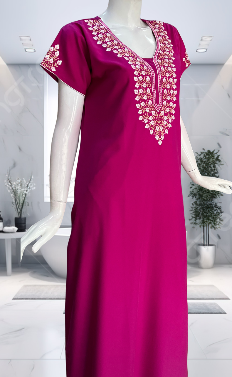 Pink Embroidery Soft Cotton Nighty. Soft Breathable Fabric | Laces and Frills