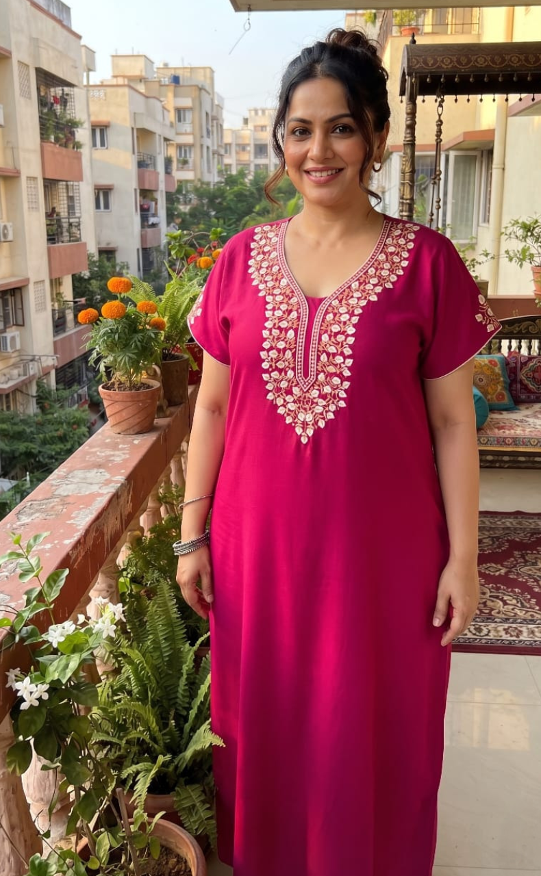 Pink Embroidery Soft Cotton Nighty. Soft Breathable Fabric | Laces and Frills - Laces and Frills