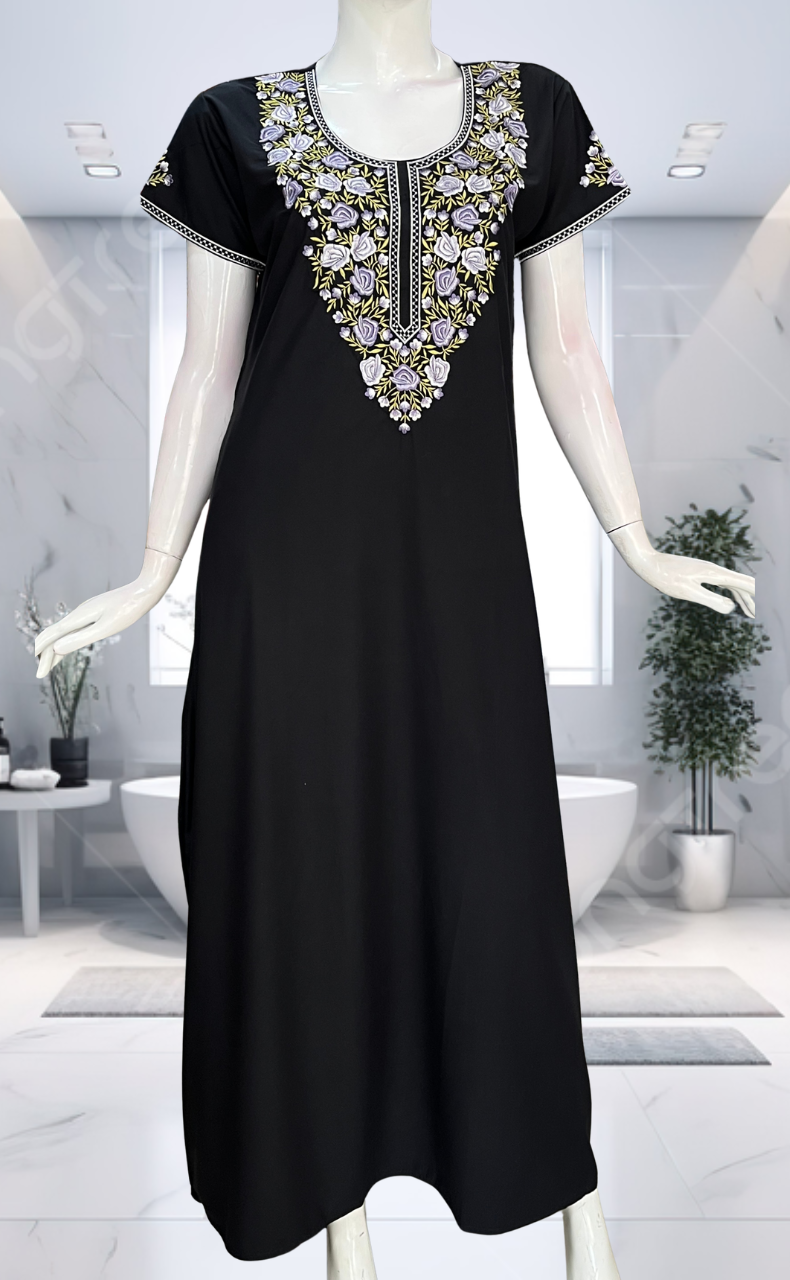 Black Embroidery Soft Cotton Nighty. Soft Breathable Fabric | Laces and Frills