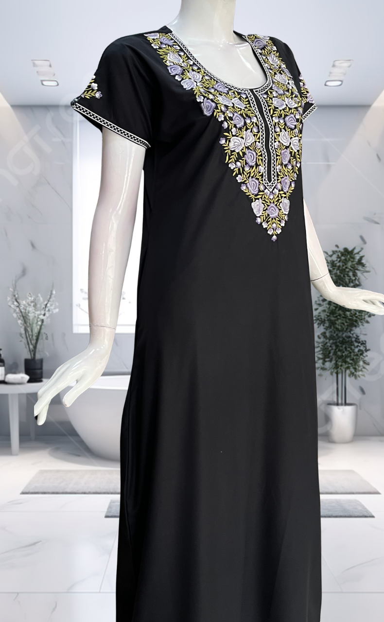 Black Embroidery Soft Cotton Nighty. Soft Breathable Fabric | Laces and Frills