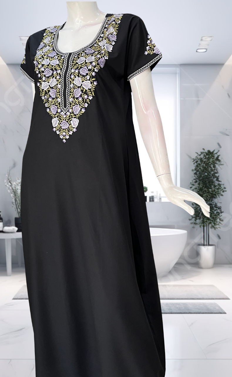 Black Embroidery Soft Cotton Nighty. Soft Breathable Fabric | Laces and Frills