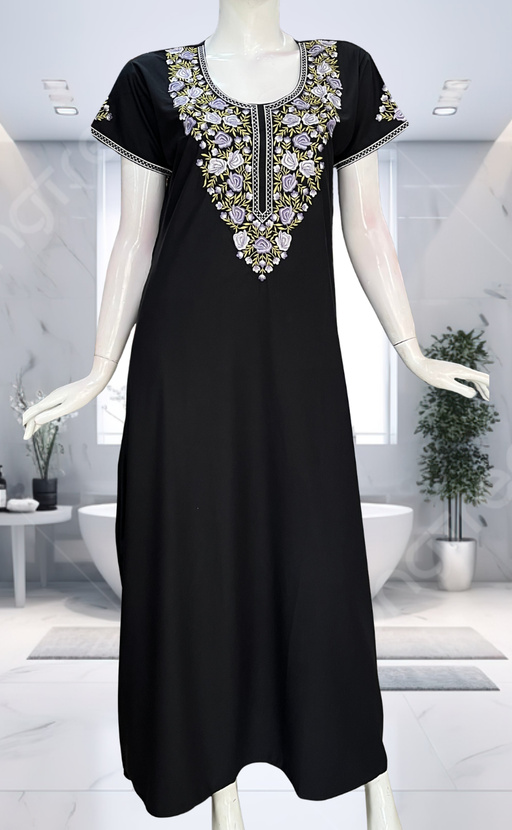 Black Embroidery Soft Cotton Nighty. Soft Breathable Fabric | Laces and Frills - Laces and Frills
