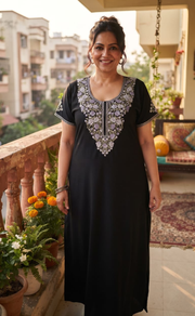 Black Embroidery Soft Cotton Nighty. Soft Breathable Fabric | Laces and Frills - Laces and Frills