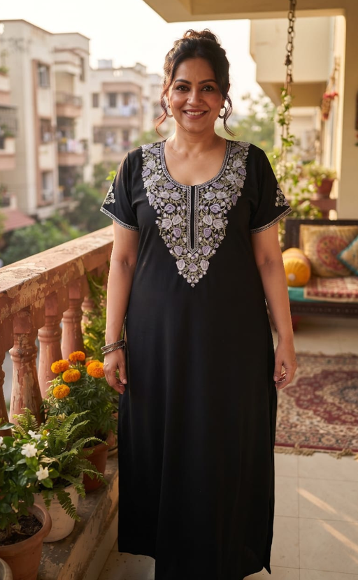 Black Embroidery Soft Cotton Nighty. Soft Breathable Fabric | Laces and Frills - Laces and Frills