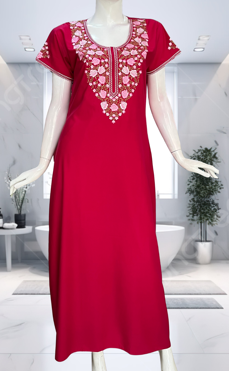 Pink Embroidery Soft Cotton Nighty. Soft Breathable Fabric | Laces and Frills