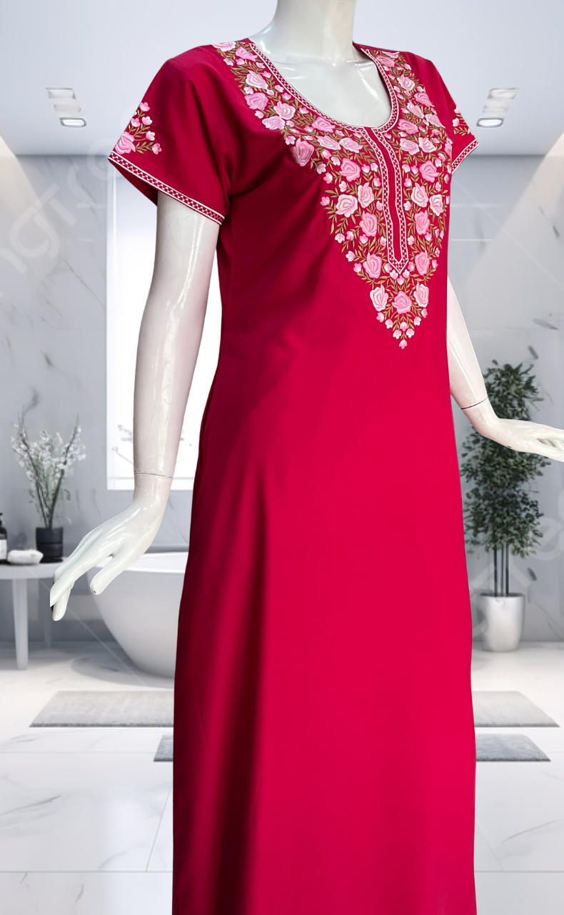 Pink Embroidery Soft Cotton Nighty. Soft Breathable Fabric | Laces and Frills