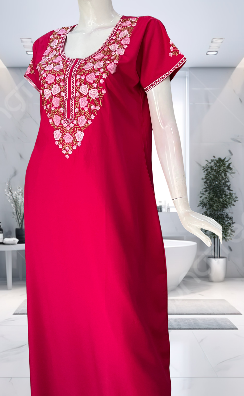 Pink Embroidery Soft Cotton Nighty. Soft Breathable Fabric | Laces and Frills