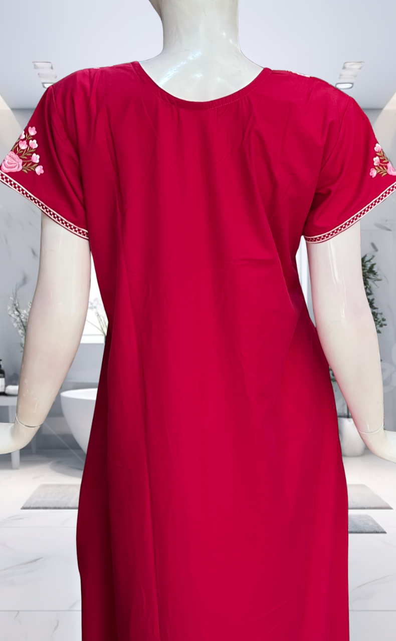Pink Embroidery Soft Cotton Nighty. Soft Breathable Fabric | Laces and Frills