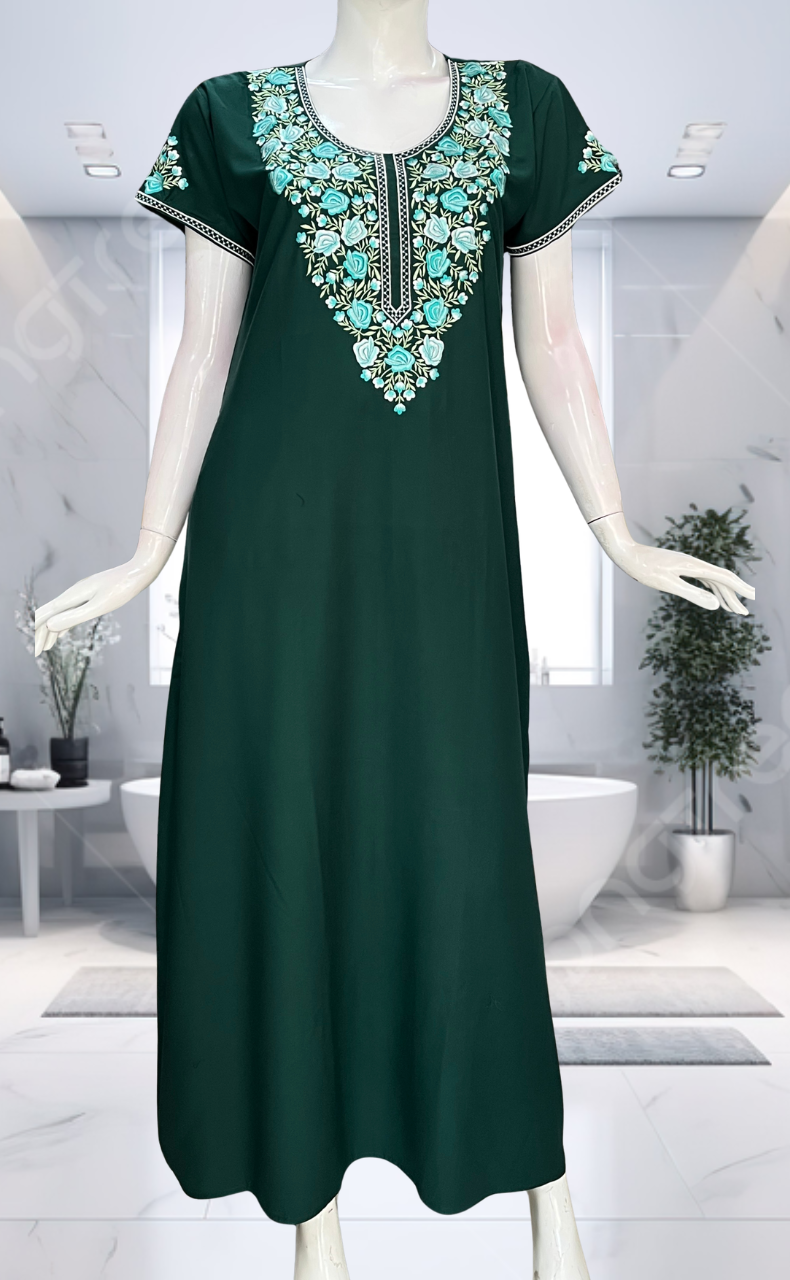 Green Embroidery Soft Cotton Nighty. Soft Breathable Fabric | Laces and Frills