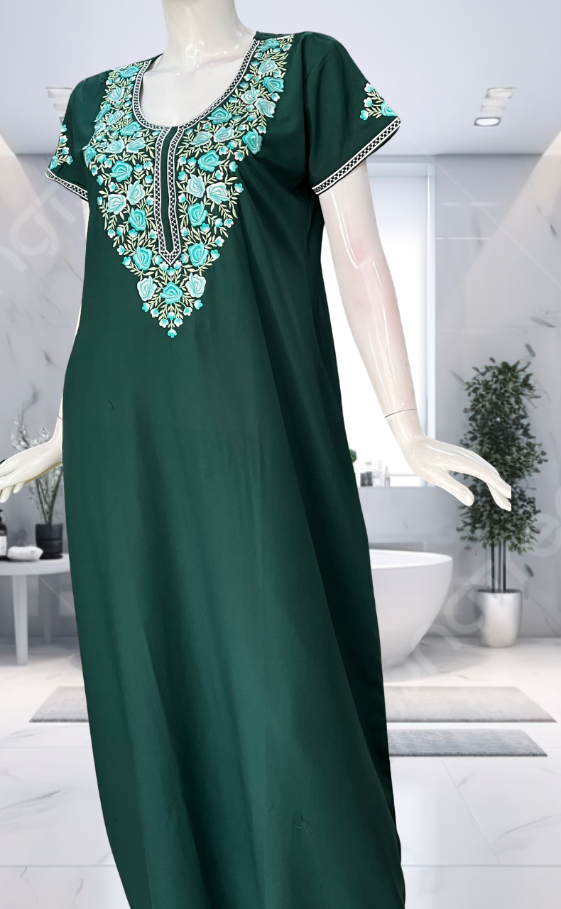Green Embroidery Soft Cotton Nighty. Soft Breathable Fabric | Laces and Frills