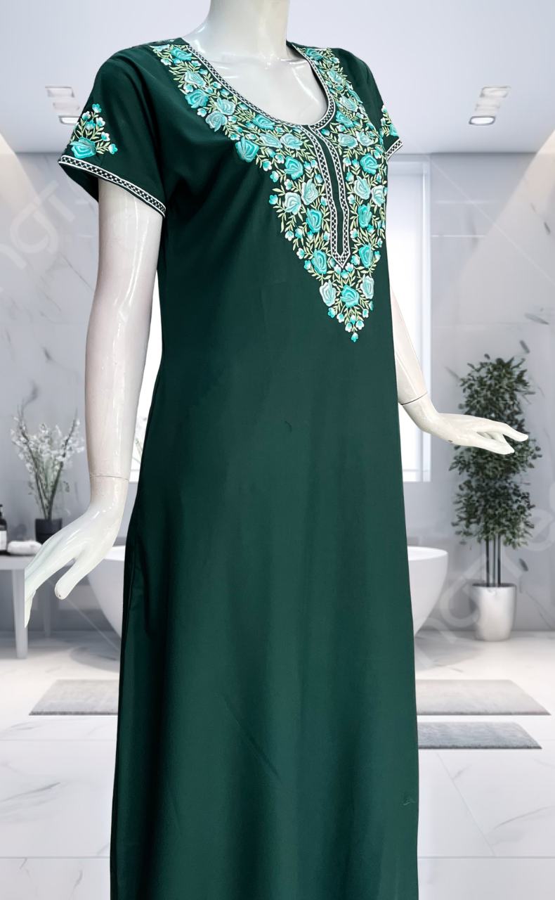 Green Embroidery Soft Cotton Nighty. Soft Breathable Fabric | Laces and Frills