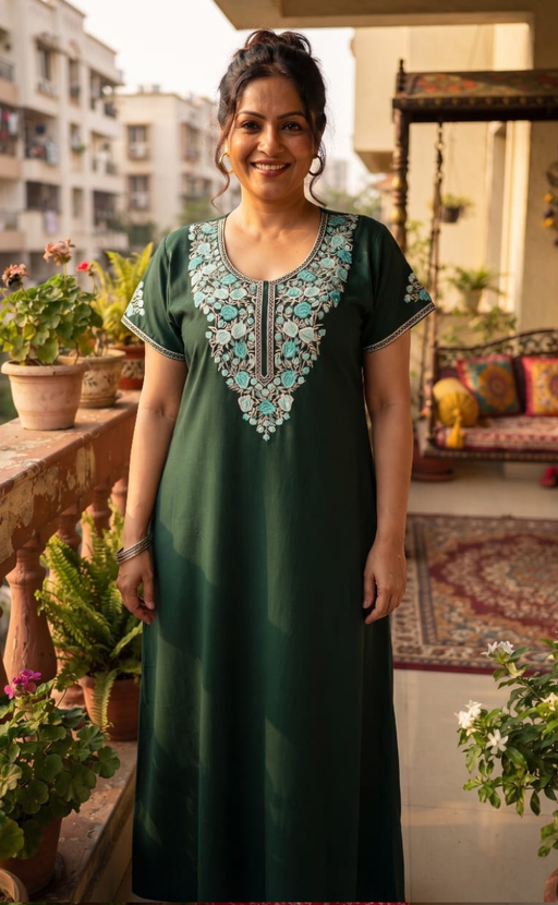 Green Embroidery Soft Cotton Nighty. Soft Breathable Fabric | Laces and Frills - Laces and Frills