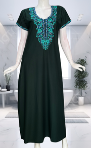 Dark Green Embroidery Soft Cotton Nighty. Soft Breathable Fabric | Laces and Frills - Laces and Frills