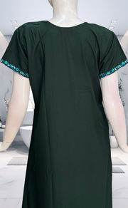 Dark Green Embroidery Soft Cotton Nighty. Soft Breathable Fabric | Laces and Frills - Laces and Frills