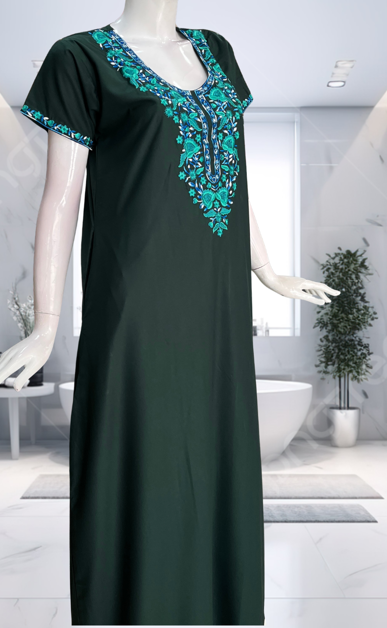 Dark Green Embroidery Soft Cotton Nighty. Soft Breathable Fabric | Laces and Frills - Laces and Frills