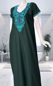 Dark Green Embroidery Soft Cotton Nighty. Soft Breathable Fabric | Laces and Frills - Laces and Frills
