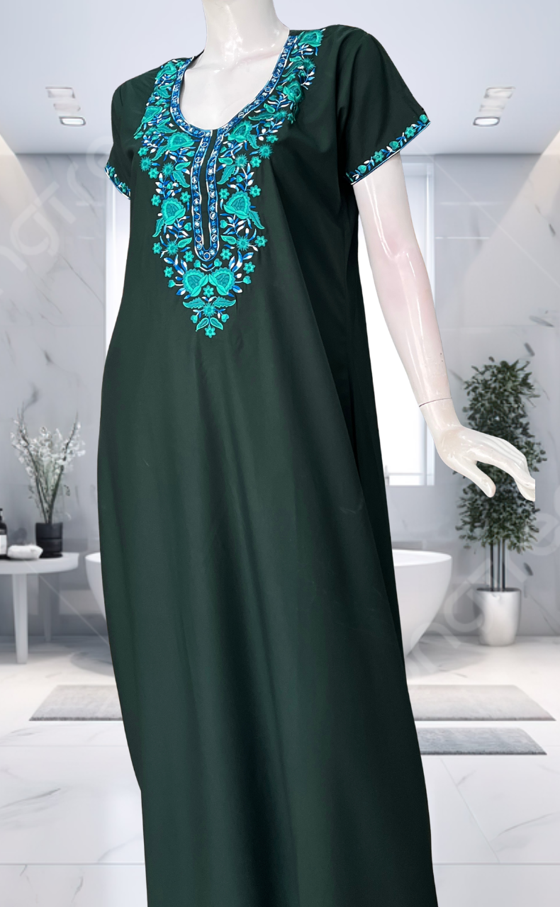 Dark Green Embroidery Soft Cotton Nighty. Soft Breathable Fabric | Laces and Frills - Laces and Frills