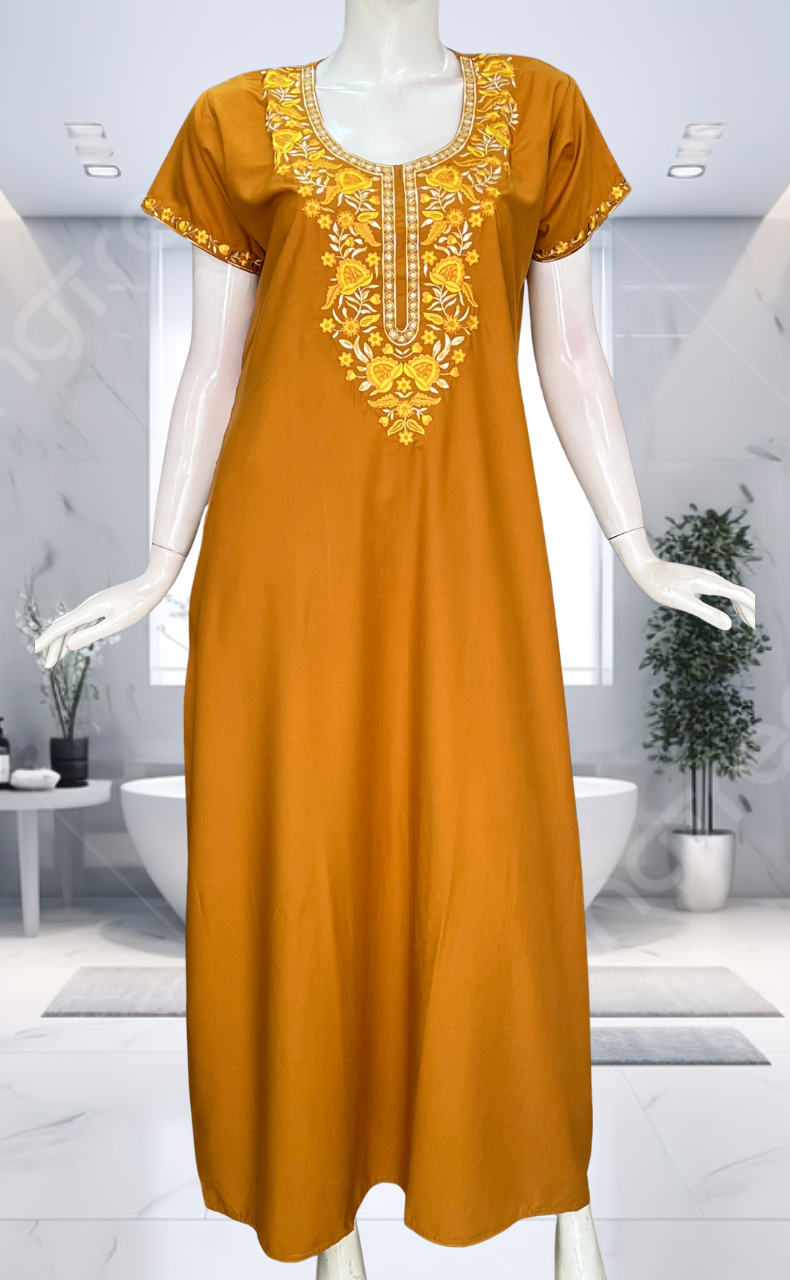 Yellow Embroidery Soft Cotton Nighty. Soft Breathable Fabric | Laces and Frills