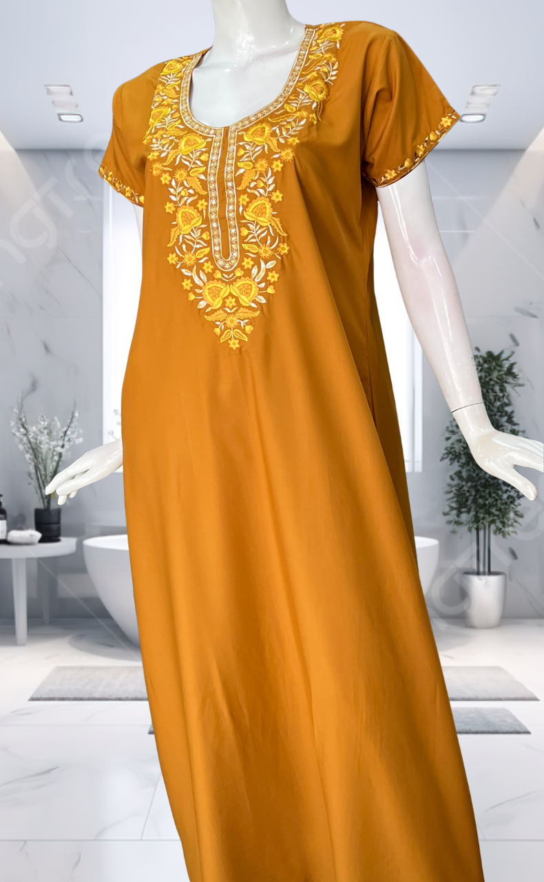 Yellow Embroidery Soft Cotton Nighty. Soft Breathable Fabric | Laces and Frills