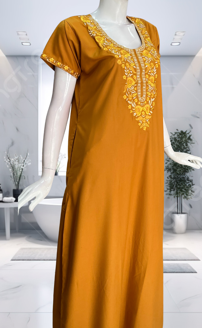 Yellow Embroidery Soft Cotton Nighty. Soft Breathable Fabric | Laces and Frills