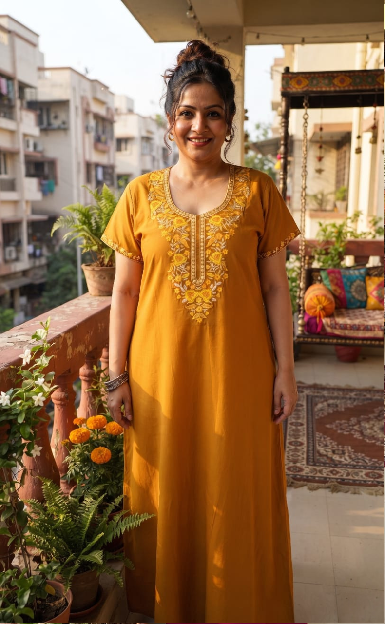 Yellow Embroidery Soft Cotton Nighty. Soft Breathable Fabric | Laces and Frills