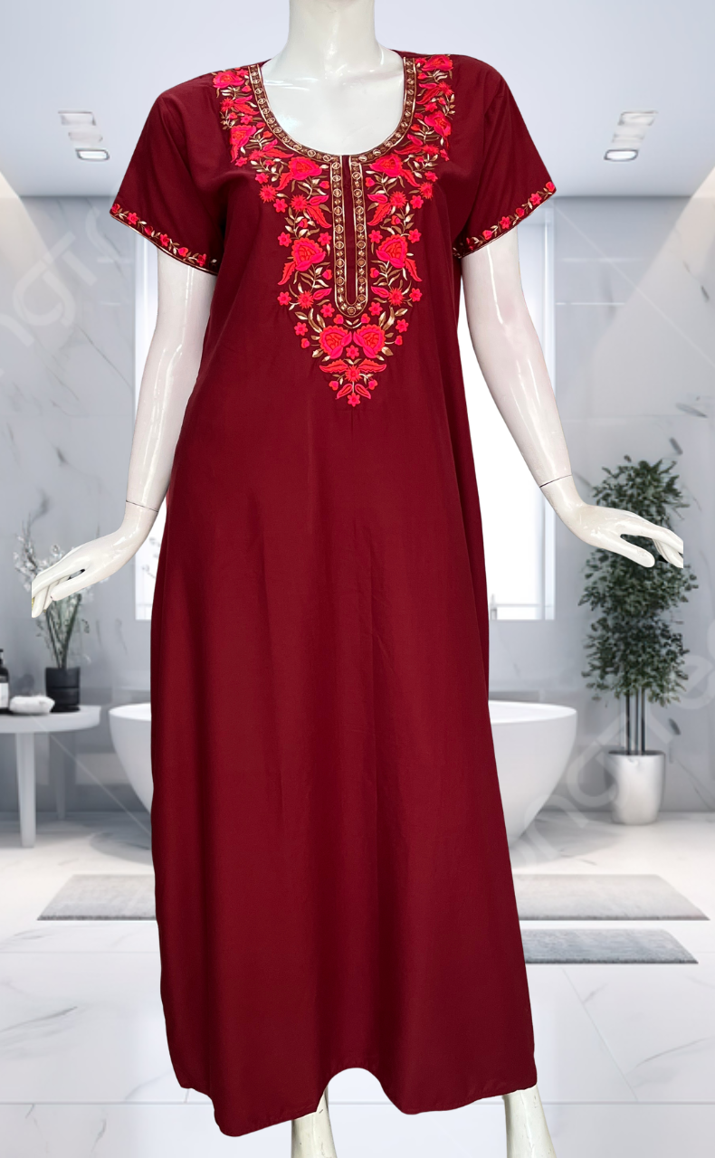 Maroon Embroidery Soft Cotton Nighty. Soft Breathable Fabric | Laces and Frills