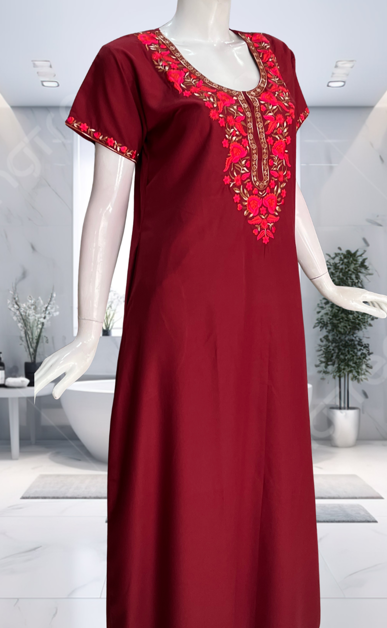 Maroon Embroidery Soft Cotton Nighty. Soft Breathable Fabric | Laces and Frills