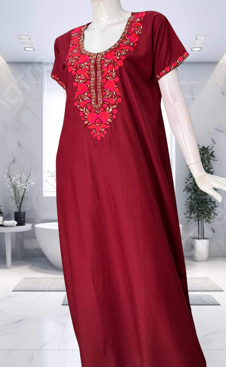 Maroon Embroidery Soft Cotton Nighty. Soft Breathable Fabric | Laces and Frills