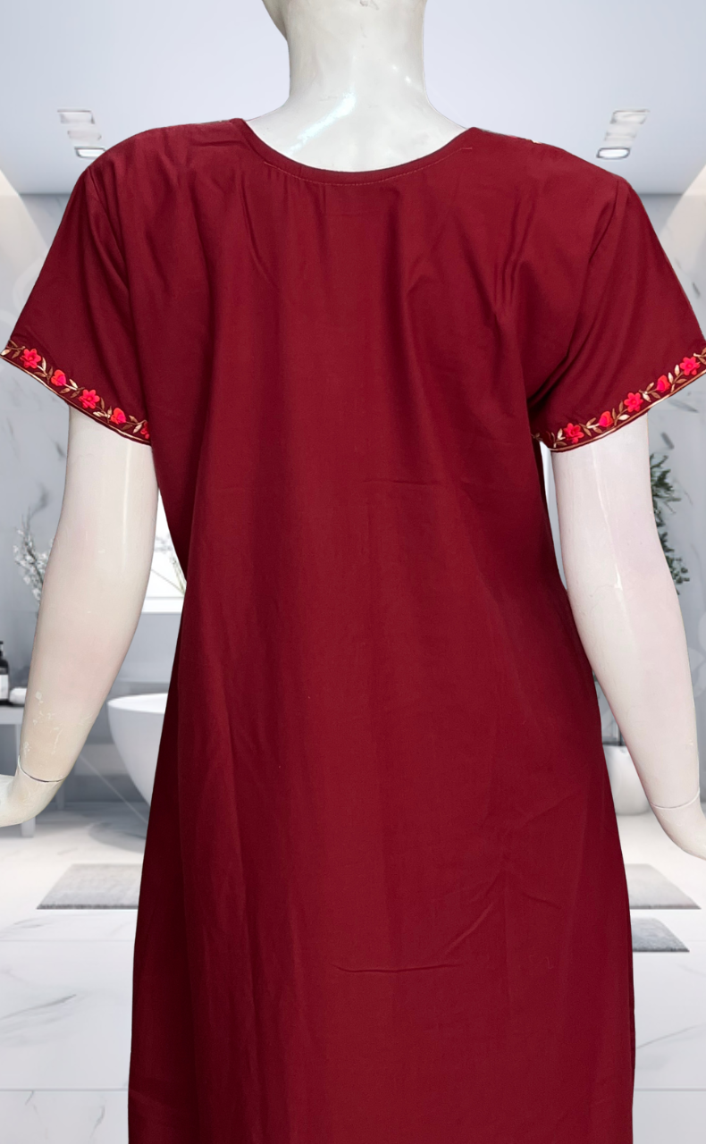 Maroon Embroidery Soft Cotton Nighty. Soft Breathable Fabric | Laces and Frills