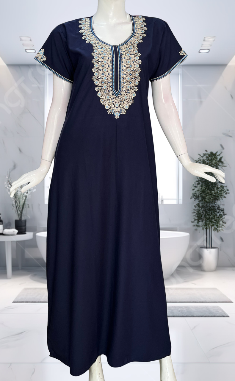 Navy Blue Embroidery Soft Cotton Nighty. Soft Breathable Fabric | Laces and Frills