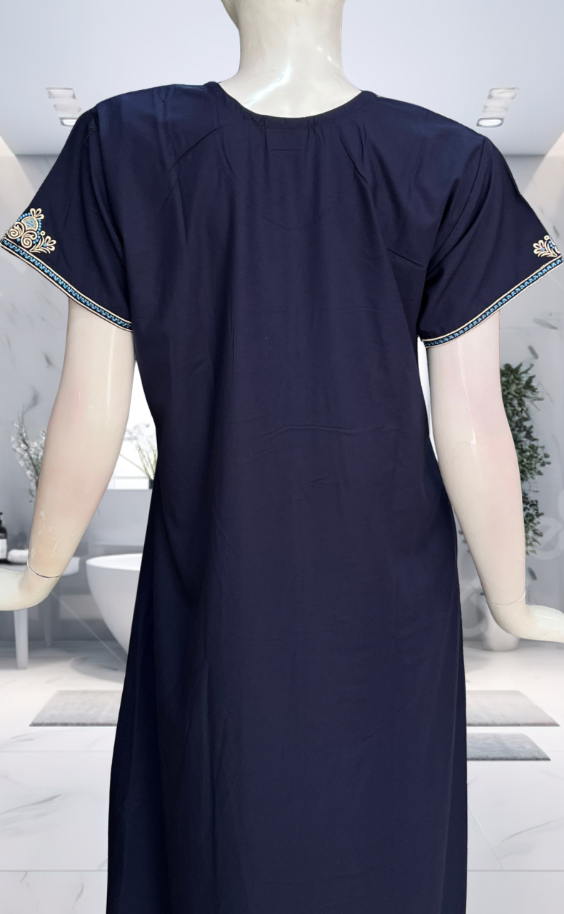 Navy Blue Embroidery Soft Cotton Nighty. Soft Breathable Fabric | Laces and Frills