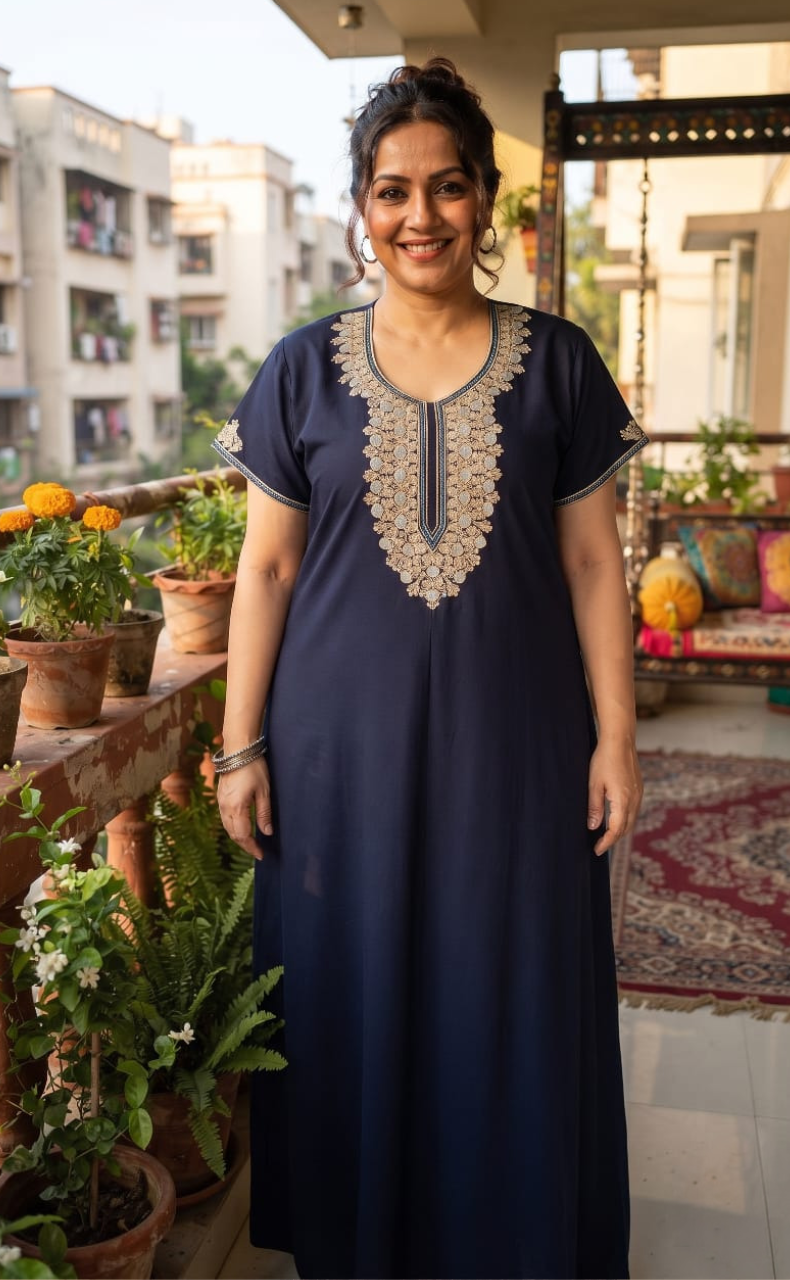 Navy Blue Embroidery Soft Cotton Nighty. Soft Breathable Fabric | Laces and Frills - Laces and Frills