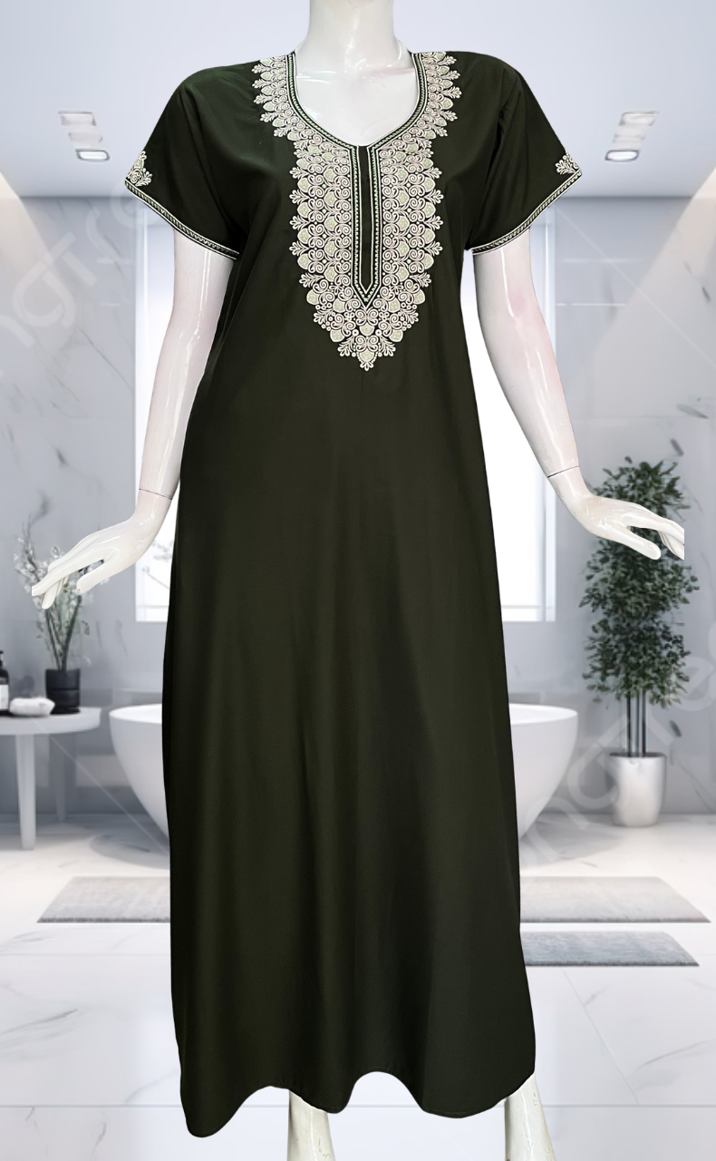 Mehndi Green Embroidery Soft Cotton Nighty. Soft Breathable Fabric | Laces and Frills