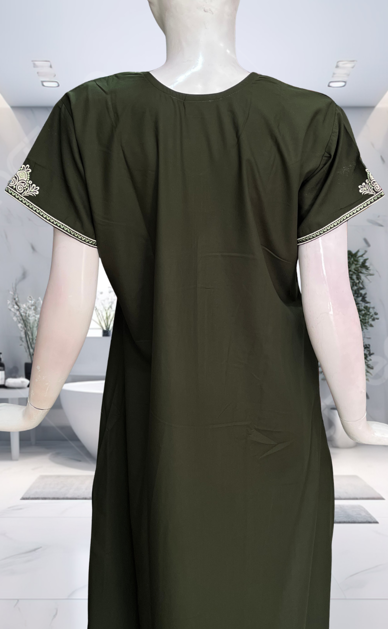 Mehndi Green Embroidery Soft Cotton Nighty. Soft Breathable Fabric | Laces and Frills