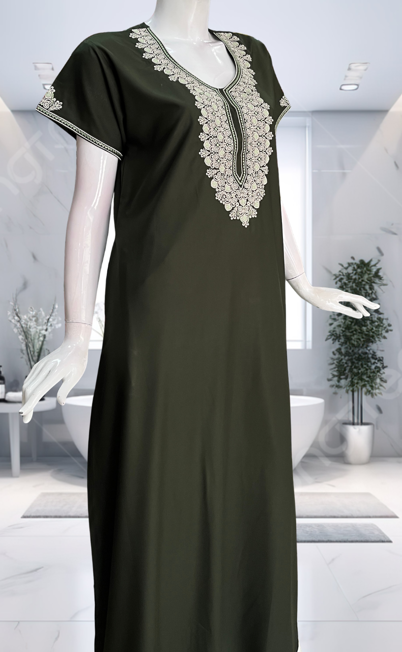 Mehndi Green Embroidery Soft Cotton Nighty. Soft Breathable Fabric | Laces and Frills