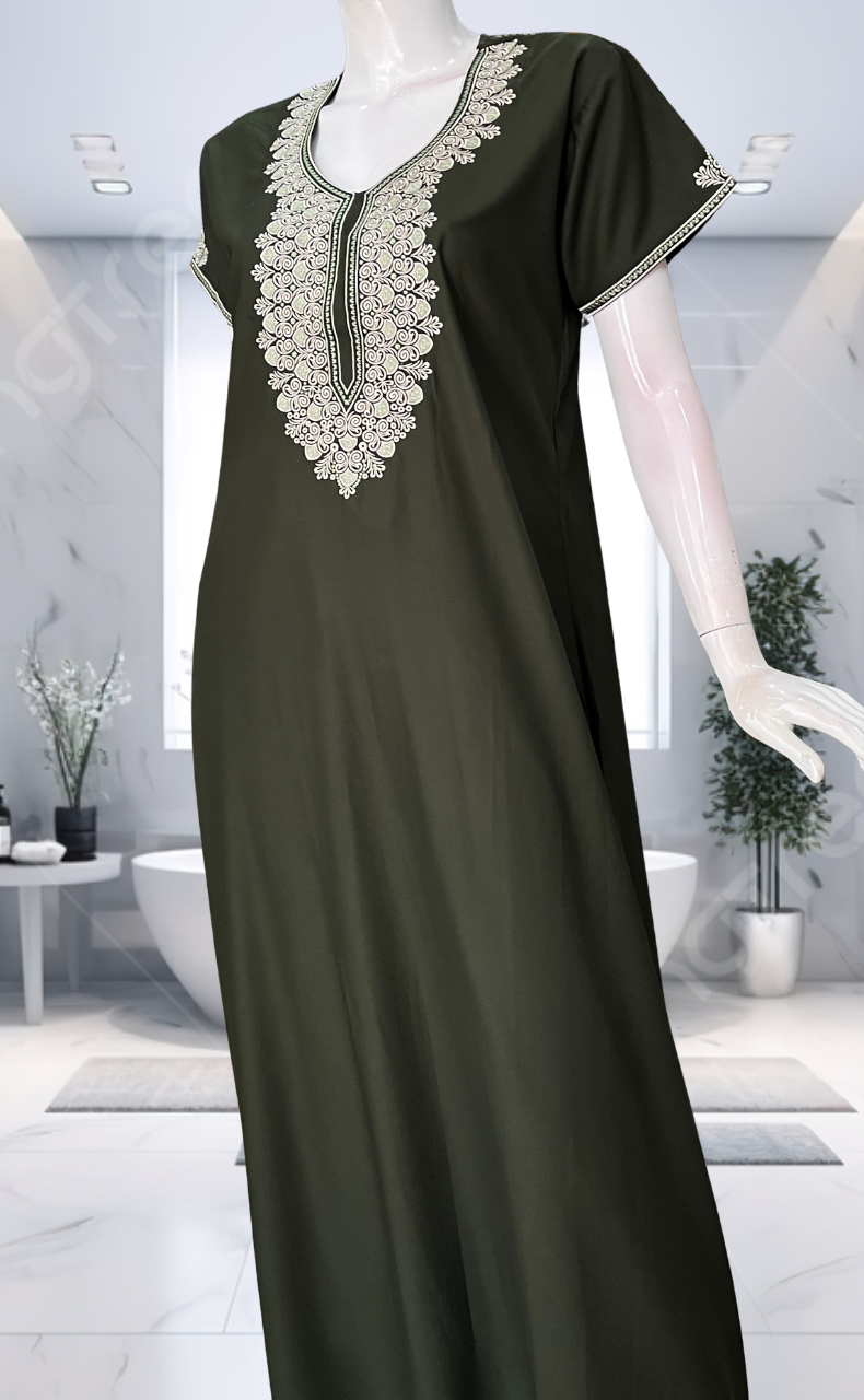Mehndi Green Embroidery Soft Cotton Nighty. Soft Breathable Fabric | Laces and Frills