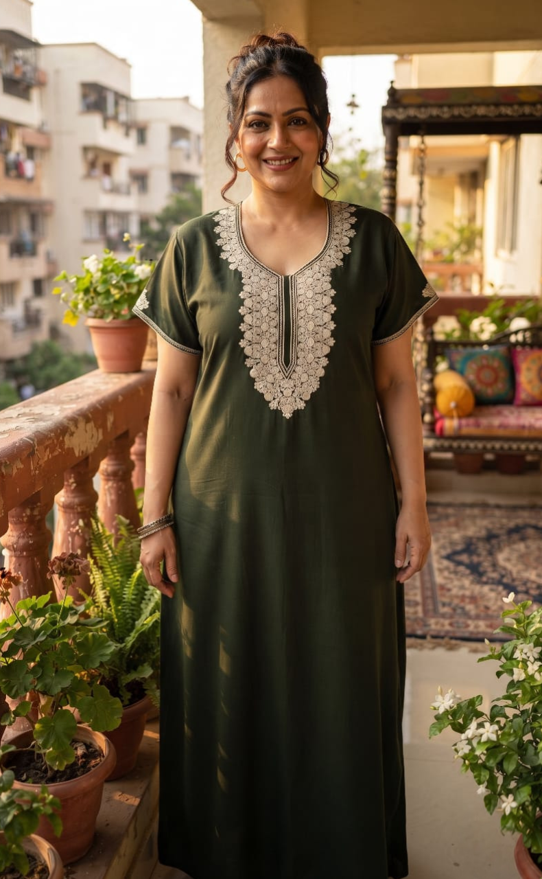 Mehndi Green Embroidery Soft Cotton Nighty. Soft Breathable Fabric | Laces and Frills