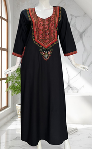 Black Bhopali Embroidery Soft Cotton Long Sleeves Nighty. Soft Breathable Fabric | Laces and Frills - Laces and Frills