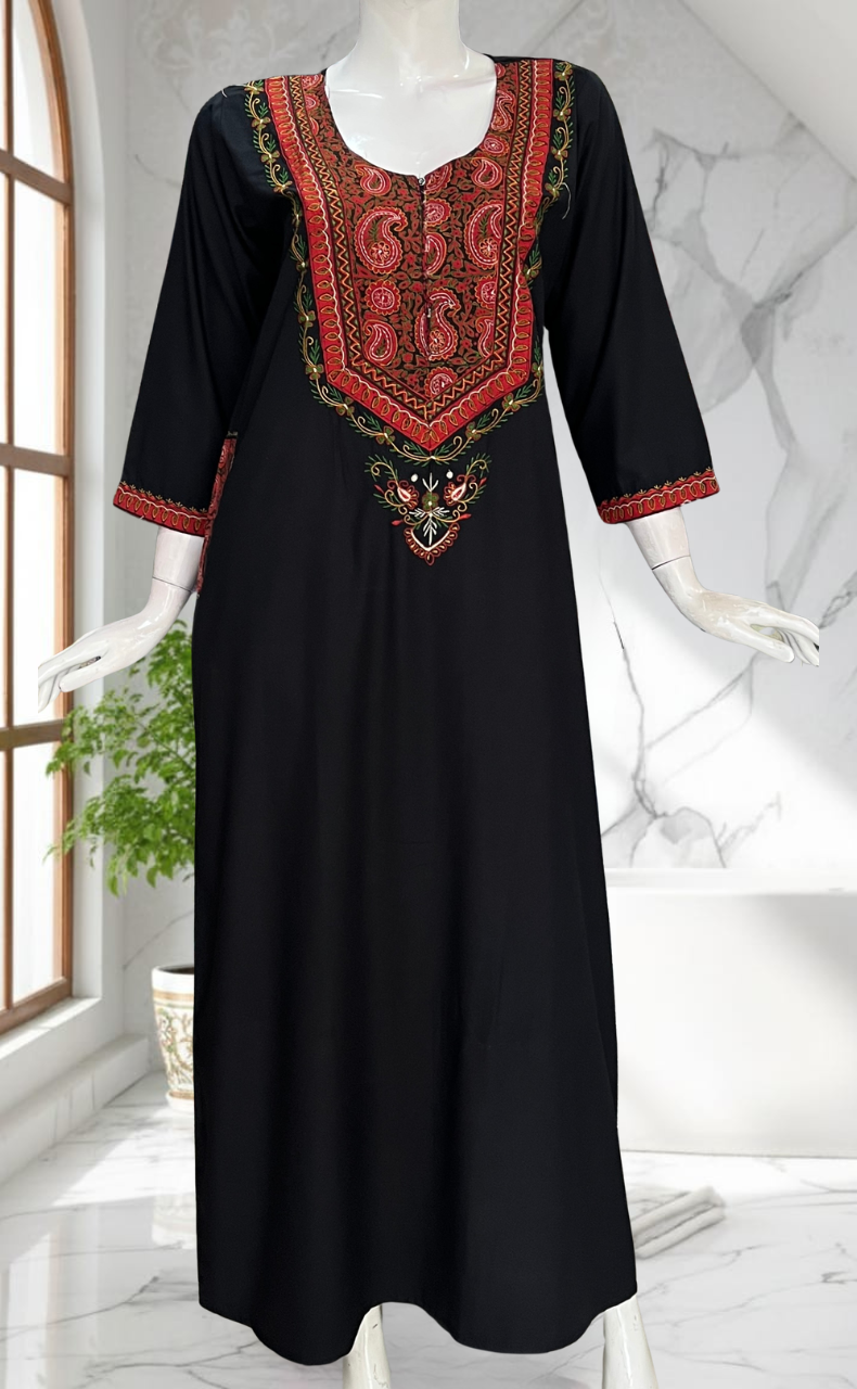 Black Bhopali Embroidery Soft Cotton Long Sleeves Nighty. Soft Breathable Fabric | Laces and Frills - Laces and Frills