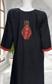 Black Bhopali Embroidery Soft Cotton Long Sleeves Nighty. Soft Breathable Fabric | Laces and Frills - Laces and Frills